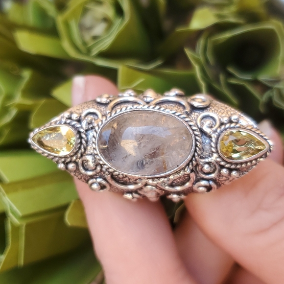 New Golden Rutile & Citrine 925 Silver Statement Ring. - Picture 13 of 16